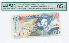 EAST CARIBBEAN STATES / ST LUCIA: 10 Dollars (ND 1994) in dark blue, black and red on multicolor unpt with Queen Elizabeth II at center right. S/N: "C...