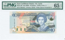 EAST CARIBBEAN STATES / ST LUCIA: 10 Dollars (ND 2000) in blue and black on multicolor unpt with portrait of Queen Elizabeth II at center right. S/N: ...