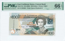 EAST CARIBBEAN STATES: 100 Dollars (ND 2008) in black, brown and dark green on multicolor unpt with Queen Elizabeth II at center right. S/N: "VC 29268...