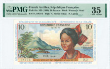 FRENCH ANTILLES: 10 Francs (ND 1964) in multicolor with local woman at center left. S/N: "N.3 98375". WMK: Womans head. Signatures by Postel-Vinay and...
