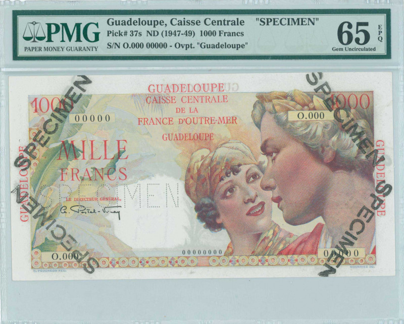 GUADELOUPE: Specimen of 1000 Francs (ND 1947-49) in multicolor with two women at...
