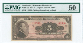 HONDURAS: 5 Lempiras (5.3.1941) in brown on red unpt with portrait of Morazan at left. S/N: "B 112530". Variety: Without green ovpt on back. Printed b...