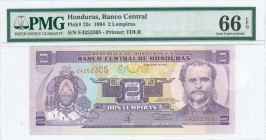 HONDURAS: 2 Lempiras (12.5.1994) in purple on multicolor unpt with Marco Aurelio Soto at right and Arms at left. Brown S/N: "E 4252305". Printed by TD...