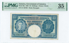 JAMAICA: 10 Shillings (2.1.1939) in blue with portrait of King George VI at left. S/N: "C/5 40729". WMK: Pineapple. Printed by TDLR. Inside holder by ...