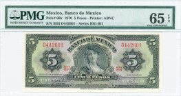 MEXICO: 5 Pesos (22.7.1970) in black on multicolor unpt with portrait of gypsy at center. S/N: "BIH D442601". Printed by ABNC. Inside holder by PMG "G...