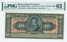 MEXICO: Remainder of 10 Pesos (ND 1906-14) in black on brown and green unpt with portrait of V G Saldana at center. S/N: "B 30123". Perforation "AMORT...