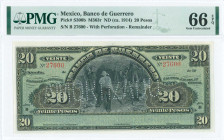 MEXICO: Remainder of 20 Pesos (ND 1906-14) in black on green unpt with miners working at center. S/N: "B 27600". Perforation "AMORTIZADO". Printed by ...