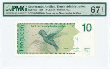 NETHERLANDS ANTILLES: 10 Gulden (31.3.1986) in dark green on multicolor unpt with Purple-throated carib at center left. S/N: "2015907966". WMK: Banks ...