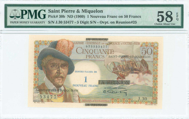 SAINT PIERRE & MIQUELON: 1 Nouveau Franc (ND 1960) overprinted on 50 Francs (Reu...