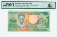 SURINAME: 25 Gulden (9.1.1988) in green on multicolor unpt with Anton DeKom at left. S/N: "AG148133". WMK: Toucan. Printed by TDLR. Inside holder by P...