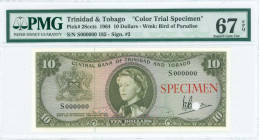TRINIDAD & TOBAGO: Color trial specimen of 10 Dollars (1964) in olive-green on multicolor with Arms at left and portrait of Queen Elizabeth II at cent...