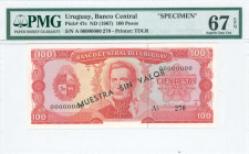 URUGUAY: Specimen of 100 Pesos (ND 1967) in red on lilac and light gold unpt with Jose Gervasio Artigas at center. S/N: "A 00000000 270". Black diagon...