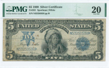 USA: 5 Dollars (1899) with portrait of Tatoka-Inyanka of the Hunkpapa Sioux with feather headdress at center. S/N: "N 53250538". Inside holder by PMG ...