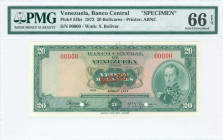 VENEZUELA: Specimen of 20 Bolivares (11.4.1972) in dark green on multicolor unpt with portrait of Simon Bolivar at right. S/N: "00000". Red diagonal o...