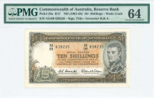 AUSTRALIA: 10 Shillings (ND 1961-65) in dark brown on orange and green unpt with portrait of Mathew Flinder at right and Arms at lower left. S/N: "AG/...