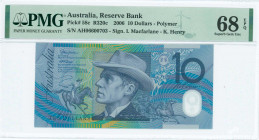 AUSTRALIA: 10 Dollars (2006) in dark blue and purple on multicolor unpt with "Banjo" Paterson at center. S/N: "AH 06600703". Signatures by Mcfarlane a...