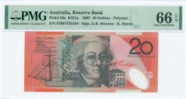 AUSTRALIA: 20 Dollars (2007) in black and red on orange and pale green unpt with Mary Reiby at center. S/N: "FM 07470184". Signatures by Stevens and H...