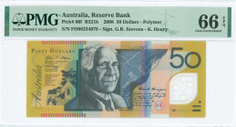 AUSTRALIA: 50 Dollars (2008) in black and deep purple on multicolor unpt with David Unaipon at center left. S/N: "FD 08234079". Signatures by Stevens ...