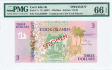 COOK ISLANDS: Specimen of 3 Dollars (ND 1992) in lilac and green on multicolor unpt with worshipers at church at center. S/N: "AAA 000000". Red diagon...