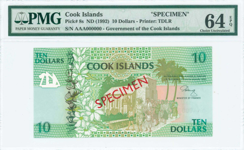 COOK ISLANDS: Specimen of 10 Dollars (ND 1992) in green and olive on multicolor ...