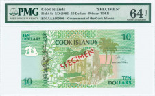 COOK ISLANDS: Specimen of 10 Dollars (ND 1992) in green and olive on multicolor unpt with worshipers at church at center. S/N: "AAA 000000". Red diago...