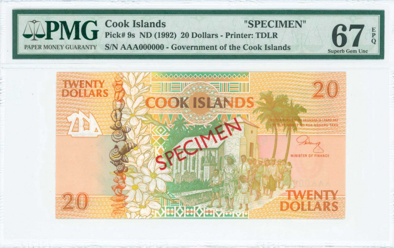COOK ISLANDS: Specimen of 20 Dollars (ND 1992) in brown-orange and olive on mult...