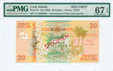 COOK ISLANDS: Specimen of 20 Dollars (ND 1992) in brown-orange and olive on multicolor unpt with worshipers at church at center. S/N: "AAA 000000". Re...