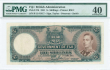 FIJI: 5 Shillings (1.6.1951) in blue on brown and blue unpt with portrait of King George VI at right. S/N: "B/11 01417". WMK: Fijians head. Signatures...