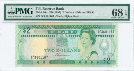 FIJI: 2 Dollars (ND 1995) in green on multicolor unpt with portrait of Queen Elizabeth II at right. S/N: "D/3 601167". WMK: Fijians head. Printed by T...