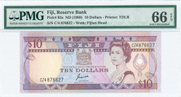 FIJI: 10 Dollars (ND 1989) in purple on multicolor unpt with Queen Elizabeth II at right and Arms at upper center. S/N: "C/4 876627". WMK: Fijians hea...