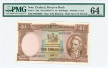 NEW ZEALAND: 10 Shillings (ND 1960-67) in brown on multicolor unpt with portait of Captain James Cook at right. S/N: "9A 094696". WMK: King Tawhiao. P...
