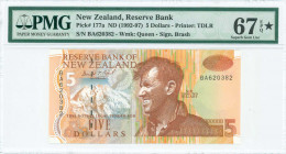NEW ZEALAND: 5 Dollars (ND 1992) in brown, orange and green on multicolor unpt on thin paper with Sir Edmund Hillary at center. Low S/N: "BA 620382". ...