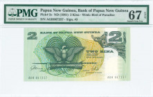 PAPUA NEW GUINEA: 2 Kina (ND 1981) in black and dark green on multicolor unpt with stylized Bird of Paradise at center left. S/N: "AGH 867257". WMK: B...