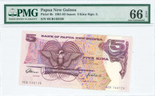 PAPUA NEW GUINEA: 5 Kina (ND 1981) in violet and purple on multicolor unpt with stylized Bird of Paradise at center left. S/N: "HCB 146126". WMK: Bank...
