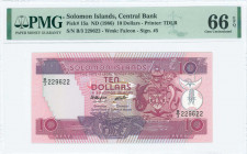 SOLOMON ISLANDS: 10 Dollars (ND 1986) in purple and violet on multicolor unpt with Arms at right. S/N: "B/3 229622". WMK: Falcon. Printed by TDLR (wit...