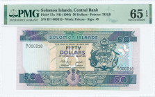 SOLOMON ISLANDS: 50 Dollars (ND 1986) in blue-green and purple on multicolor unpt with Arms at right. Low S/N: "B/1 000318". WMK: Falcon. Printed by T...