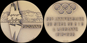 SWITZERLAND: Bronze commemorative medal for the 50th anniversary (1915-1965) of the IOC Headquarters in Lausanne. View of a monument and a lake on obv...