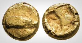 Greek 
Mysia, Kyzikos.Circa 600-550 BC. 
EL Hemihekte - 1/12 Stater. (8,3 mm, 1,32 g)
Tunny fish right / Square incuse punch. Von Fritze 16; Hurter & ...