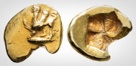 Greek
Mysia, Kyzikos. Circa 550-450 BC. 
EL Myshemihekte - 1/24 Stater (9,3mm, 0.64 g)
Sphinx crouching left, on tunny left / Quadripartite incuse squ...