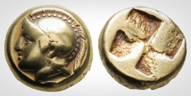 Greek
IONIA. Phokaia. (Circa 478-387 BC)
EL Hekte. (9,08 mm, 2.53 g)
Helmeted head of Athena left; below, small seal left. / Quadripartite incuse squa...