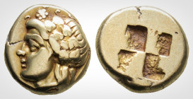 Greek
Ionia, Phokaia EL Hekte. (Circa 478-387 BC)
EL Hekte. (10,09 mm, 2.49 g)
Head of young satyr left, wearing ivy wreath; seal below, /. Quadrip...