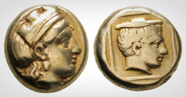 Greek
Lesbos, Mytilene. (Circa 412-378 BC). 
EL Hekte. (10,1 mm, 2.54 g)
Head of Kybele right, wearing turreted crown and single-pendant earring. /. H...