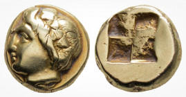 Greek
Ionia. Phokaia (Circa 380-360 BC)
EL Hekte ( 10.mm 2.47gr.)
Head of female left, wearing cross formed earring / Quadripartite incuse square. Goo...