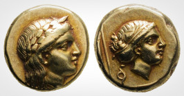 Greek
Lesbos. Mytilene. (Circa 377-326 BC). 
EL Hekte (10.07 mm, 2.51 g,)
Laureate head of Apollo to right. / Head of Artemis to right, her hair in sp...