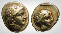 Greek
Lesbos. Mytilene. (Circa 377-326 BC). 
EL Hekte (10.09 mm, 2.51 g,) 
Laureate head of Apollo to right. / Head of Artemis to right, her hair in s...