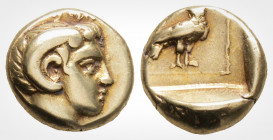 Greek
Lesbos, Mytilene. (Circa 377-326 BC) 
EL Hekte (10,09 mm 2,51 g.)
Head of Apollo Karneios right, with horn of Ammon / Eagle standing right, head...