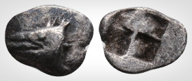 Greek
Mysia, Kyzikos (Circa 600-550 BC) 
AR Hemiobol. (8.8.mm, 0,34 g).
Tunny head left, [tunny fish below] / Quadripartite incuse square. Cf. SNG Fra...