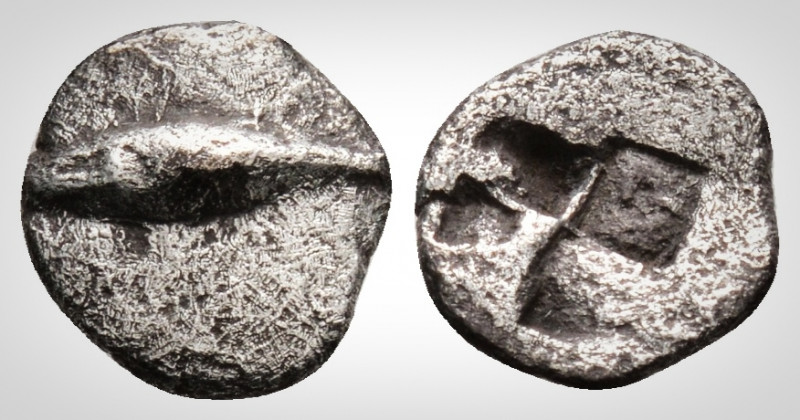 Greek
Mysia, Kyzikos. (Circa 600-550 BC)
AR Hemiobol (8,7 mm, 0.44 g,)
Tunny fis...
