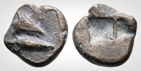 Greek
Mysia. Kyzikos. (Circa 530-500 BC)
AR Hemiobol (7,9 mm, 0.43 g,)
 Head of tunny fish right; below, tunny fish right. / Quadripartite incuse punc...