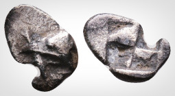 Greek
Mysia, Kyzikos. (Circa 550 BC)
AR Hemiobol (9,6mm, 0.34 g). 
Tunny head left, with fish in mouth / Quadripartite incuse square. Von Fritze II -;...